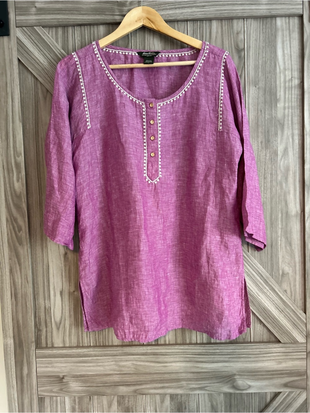 Eddie Bauer 100% Linen Embroidered Henley Tunic Blouse magenta Purple Large